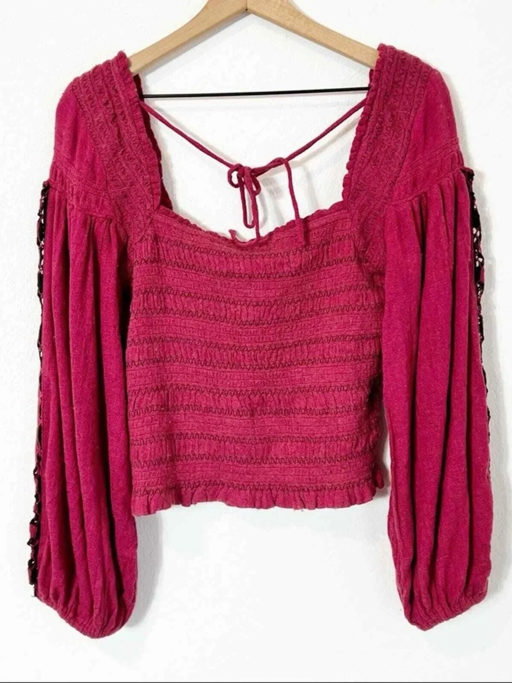 NWT Free People Rose Embroidered Maggie Peasant Sleeve Bohemian Top